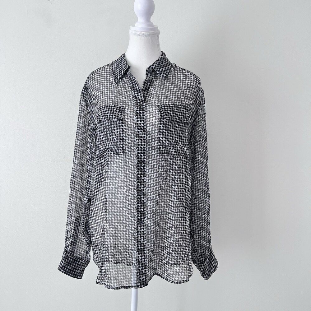 Equipment Femme Signature Silk Houndstooth Sheer Chiffon Button Down Shirt Sz M - Picture 2 of 9